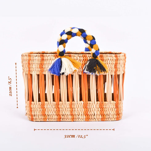 Handwoven Moroccan Reed Basket with Orange Stripe